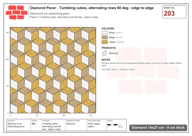 Interlock (Pasco) 14x21 cm · DIA-203 · Tumbling cubes, alternating rows 60 deg - edge to edge · Laying plan