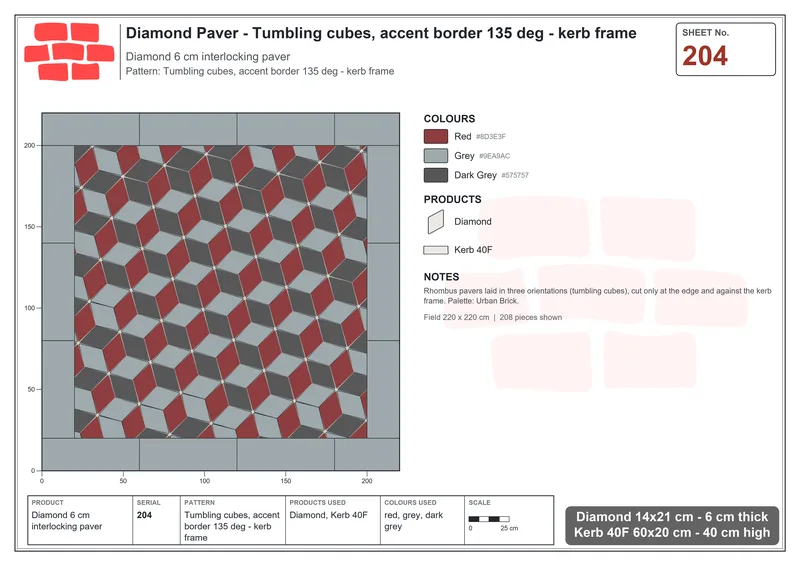 Interlock (Pasco) 14x21 cm · DIA-204 · Tumbling cubes, accent border 135 deg - kerb frame · Laying plan