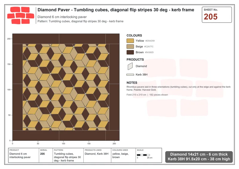 Interlock (Pasco) 14x21 cm · DIA-205 · Tumbling cubes, diagonal flip stripes 30 deg - kerb frame · Laying plan