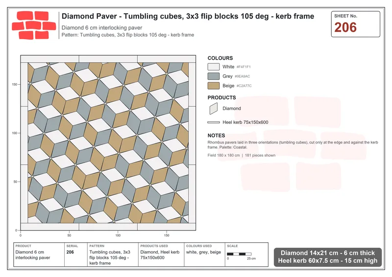 Interlock (Pasco) 14x21 cm · DIA-206 · Tumbling cubes, 3x3 flip blocks 105 deg - kerb frame · Laying plan