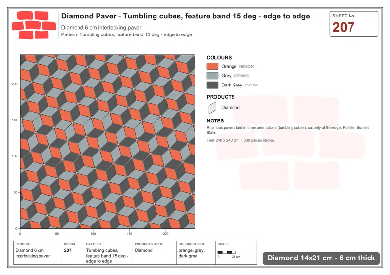 Interlock (Pasco) 14x21 cm · DIA-207 · Tumbling cubes, feature band 15 deg - edge to edge · Laying plan