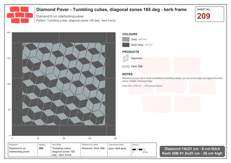 Interlock (Pasco) 14x21 cm · DIA-209 · Tumbling cubes, diagonal zones 165 deg - kerb frame · Laying plan