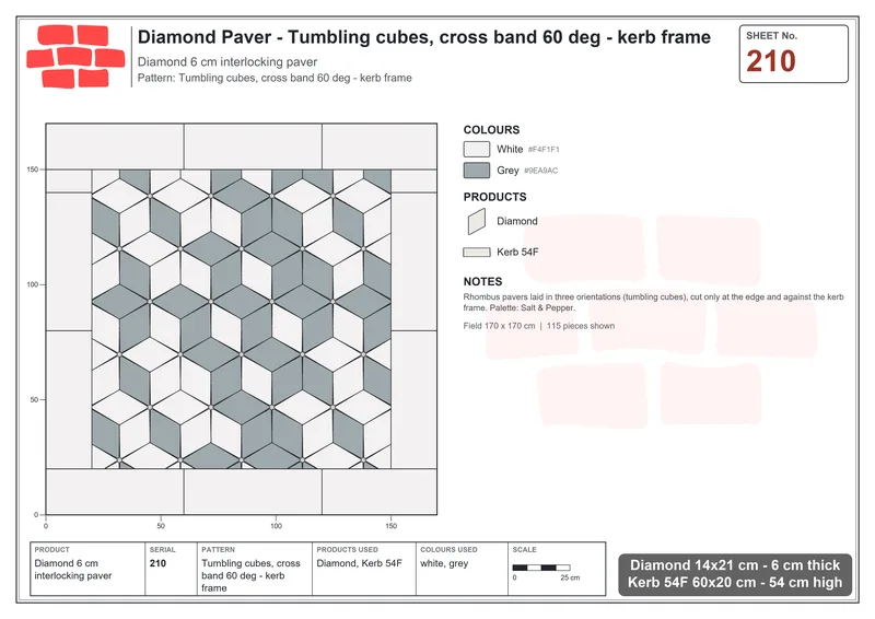 Interlock (Pasco) 14x21 cm · DIA-210 · Tumbling cubes, cross band 60 deg - kerb frame · Laying plan