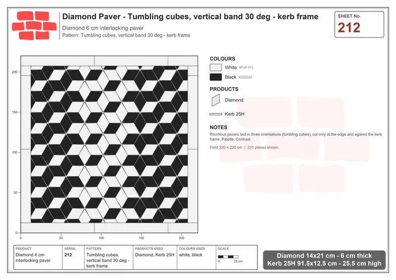 Interlock (Pasco) 14x21 cm · DIA-212 · Tumbling cubes, vertical band 30 deg - kerb frame · Laying plan