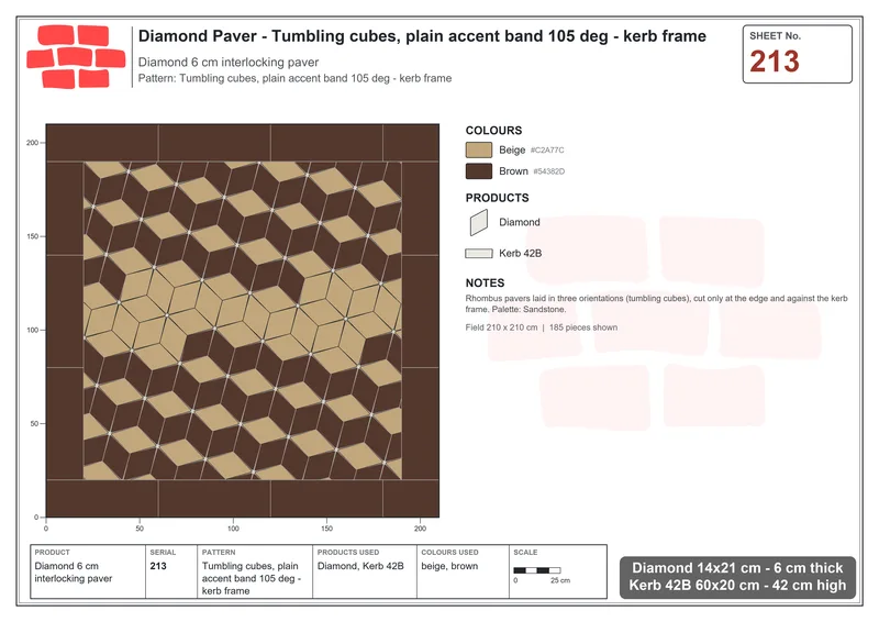 Interlock (Pasco) 14x21 cm · DIA-213 · Tumbling cubes, plain accent band 105 deg - kerb frame · Laying plan