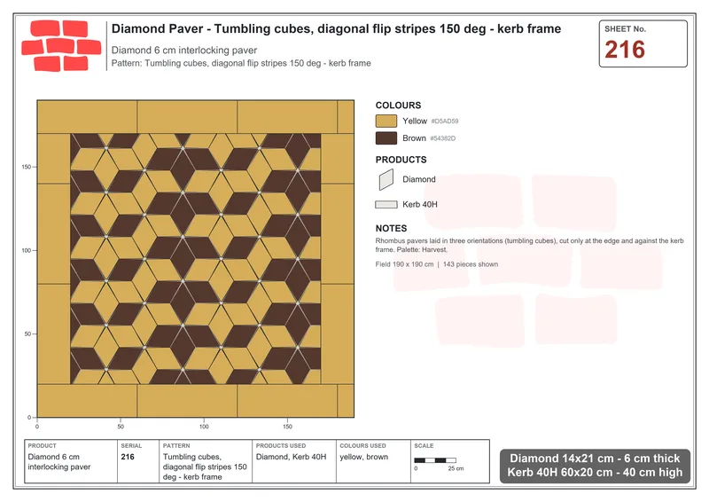 Interlock (Pasco) 14x21 cm · DIA-216 · Tumbling cubes, diagonal flip stripes 150 deg - kerb frame · Laying plan