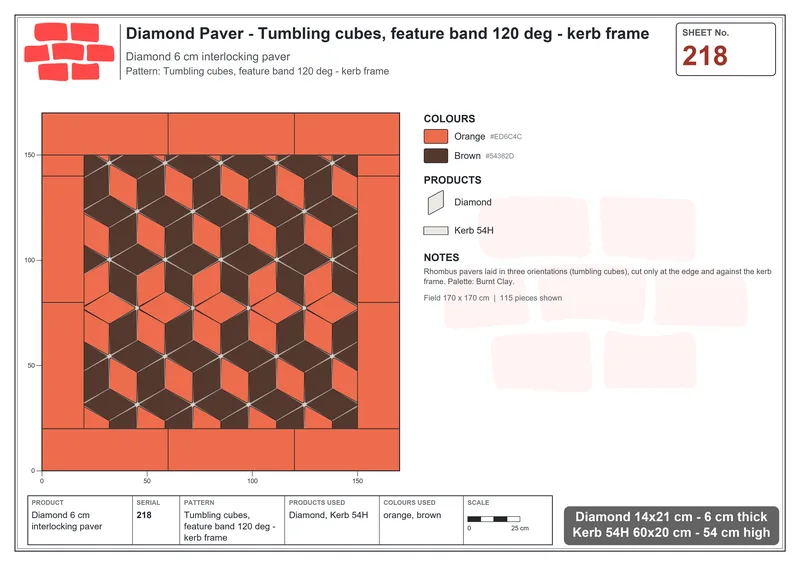Interlock (Pasco) 14x21 cm · DIA-218 · Tumbling cubes, feature band 120 deg - kerb frame · Laying plan