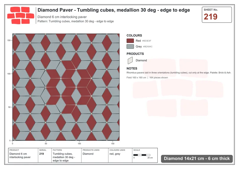Interlock (Pasco) 14x21 cm · DIA-219 · Tumbling cubes, medallion 30 deg - edge to edge · Laying plan