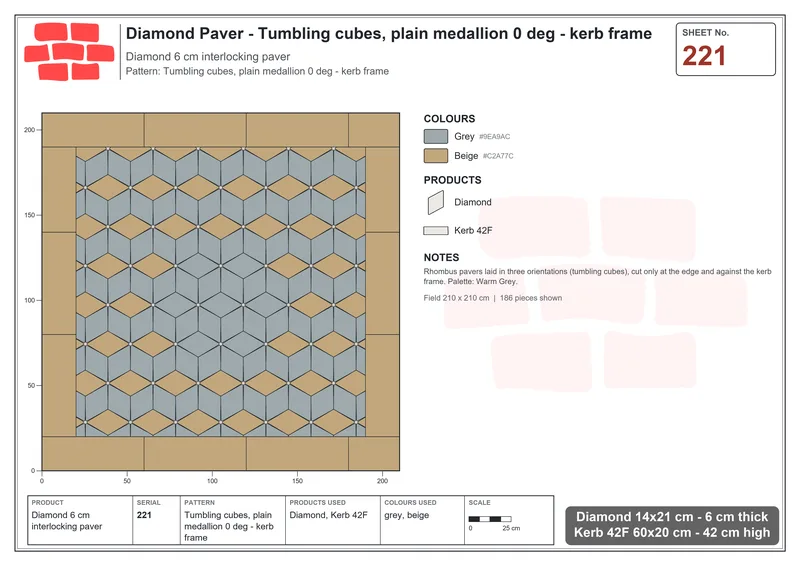 Interlock (Pasco) 14x21 cm · DIA-221 · Tumbling cubes, plain medallion 0 deg - kerb frame · Laying plan