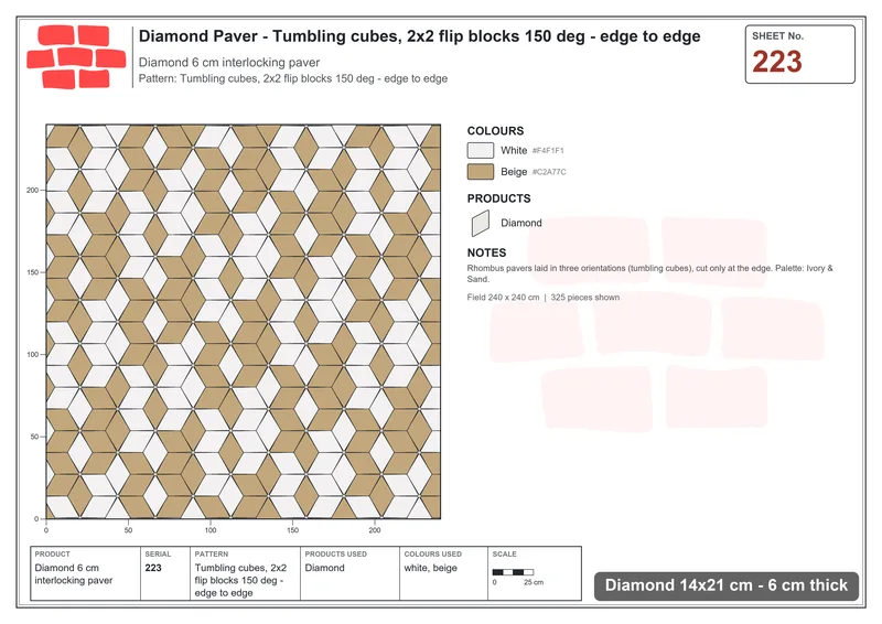 Interlock (Pasco) 14x21 cm · DIA-223 · Tumbling cubes, 2x2 flip blocks 150 deg - edge to edge · Laying plan