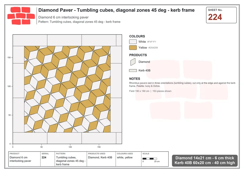 Interlock (Pasco) 14x21 cm · DIA-224 · Tumbling cubes, diagonal zones 45 deg - kerb frame · Laying plan