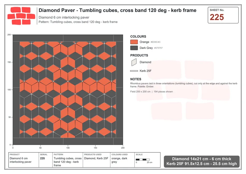 Interlock (Pasco) 14x21 cm · DIA-225 · Tumbling cubes, cross band 120 deg - kerb frame · Laying plan