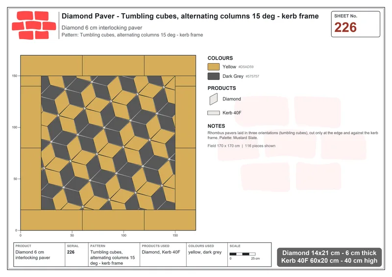 Interlock (Pasco) 14x21 cm · DIA-226 · Tumbling cubes, alternating columns 15 deg - kerb frame · Laying plan