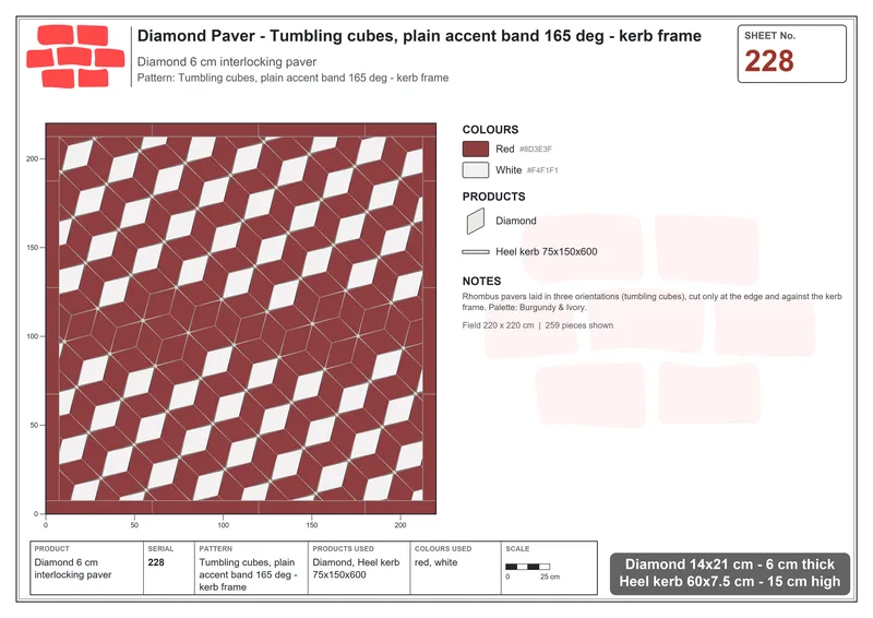 Interlock (Pasco) 14x21 cm · DIA-228 · Tumbling cubes, plain accent band 165 deg - kerb frame · Laying plan
