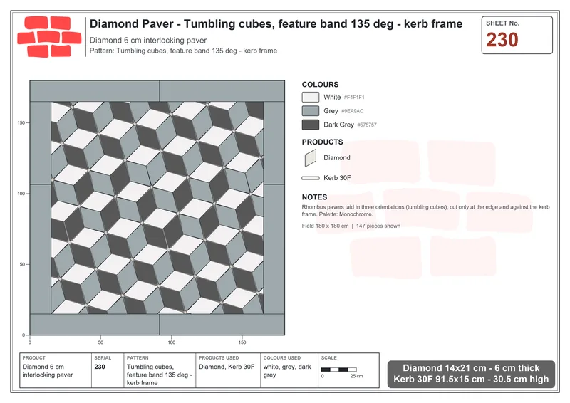 Interlock (Pasco) 14x21 cm · DIA-230 · Tumbling cubes, feature band 135 deg - kerb frame · Laying plan