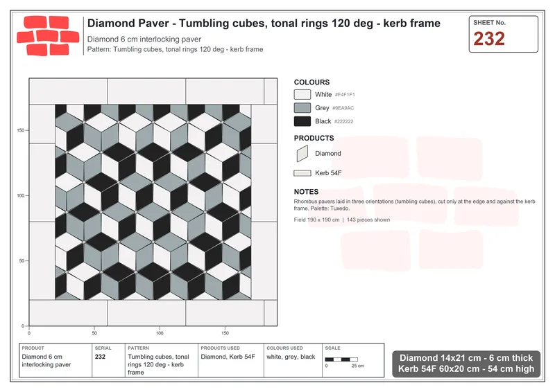 Interlock (Pasco) 14x21 cm · DIA-232 · Tumbling cubes, tonal rings 120 deg - kerb frame · Laying plan