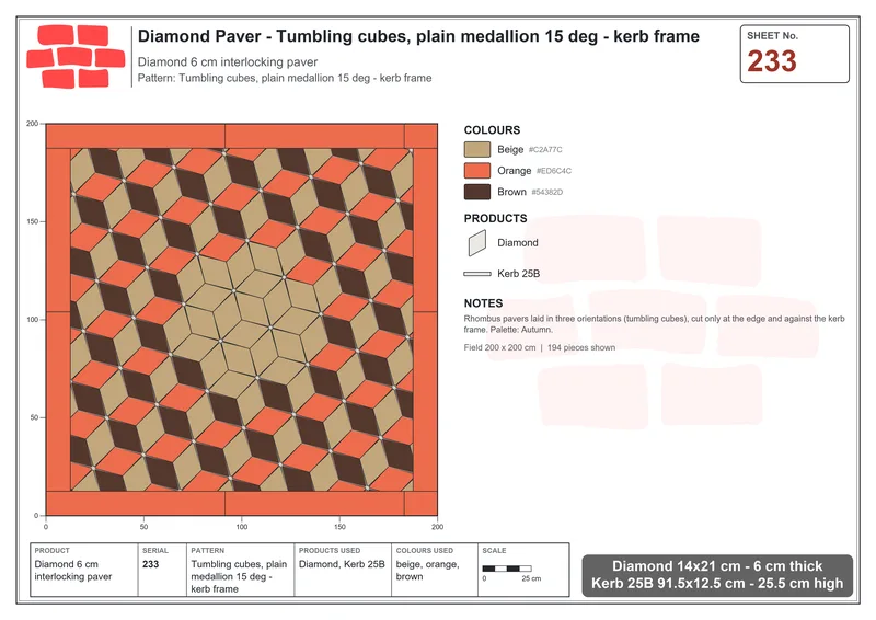 Interlock (Pasco) 14x21 cm · DIA-233 · Tumbling cubes, plain medallion 15 deg - kerb frame · Laying plan