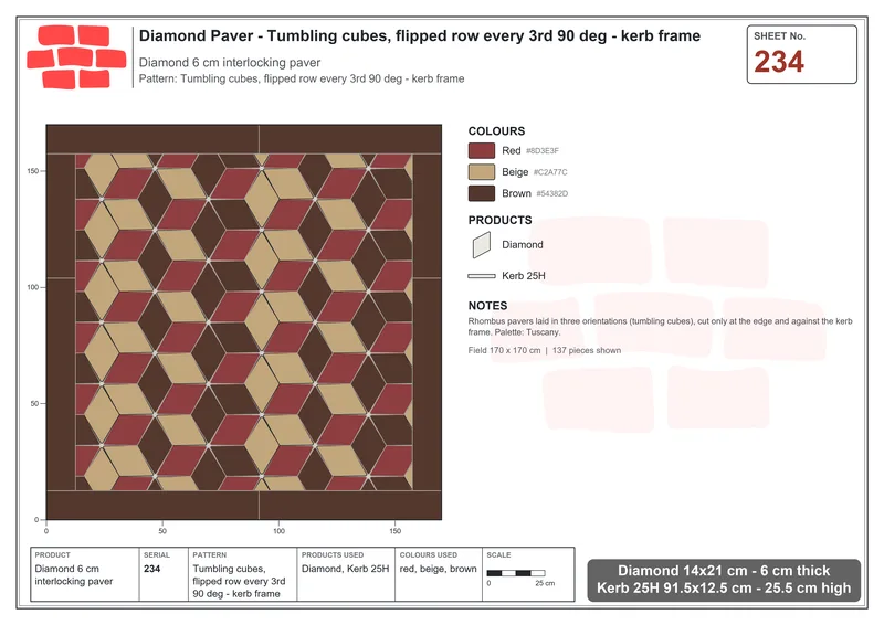 Interlock (Pasco) 14x21 cm · DIA-234 · Tumbling cubes, flipped row every 3rd 90 deg - kerb frame · Laying plan