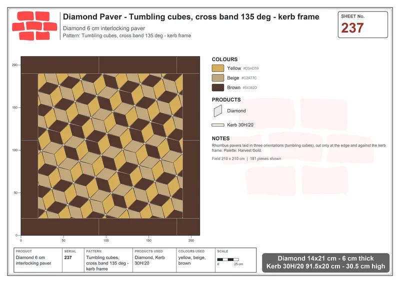 Interlock (Pasco) 14x21 cm · DIA-237 · Tumbling cubes, cross band 135 deg - kerb frame · Laying plan