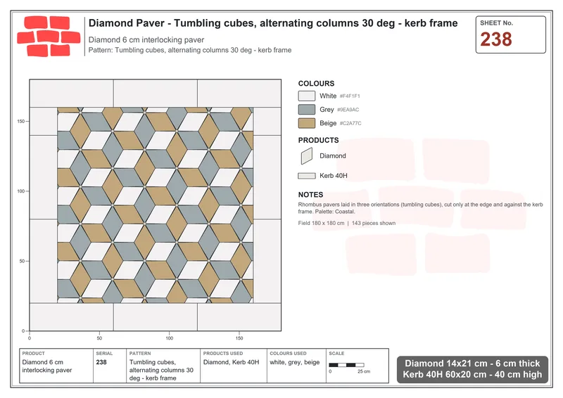 Interlock (Pasco) 14x21 cm · DIA-238 · Tumbling cubes, alternating columns 30 deg - kerb frame · Laying plan