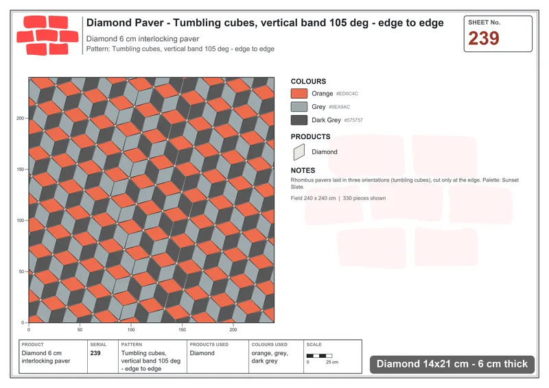 Interlock (Pasco) 14x21 cm · DIA-239 · Tumbling cubes, vertical band 105 deg - edge to edge · Laying plan