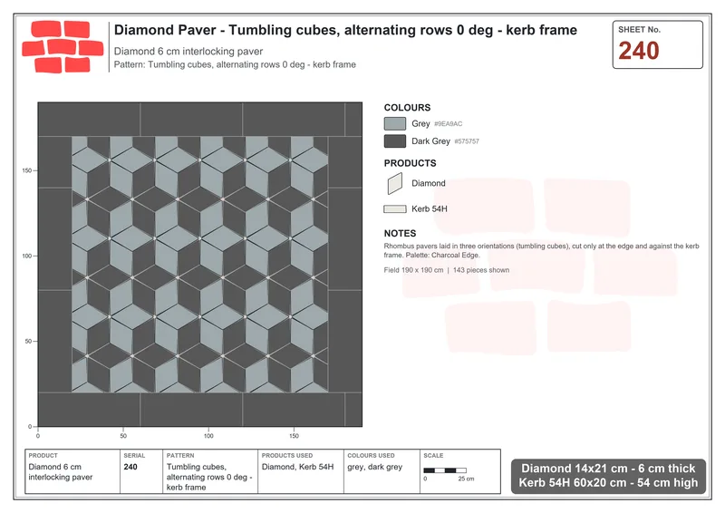 Interlock (Pasco) 14x21 cm · DIA-240 · Tumbling cubes, alternating rows 0 deg - kerb frame · Laying plan