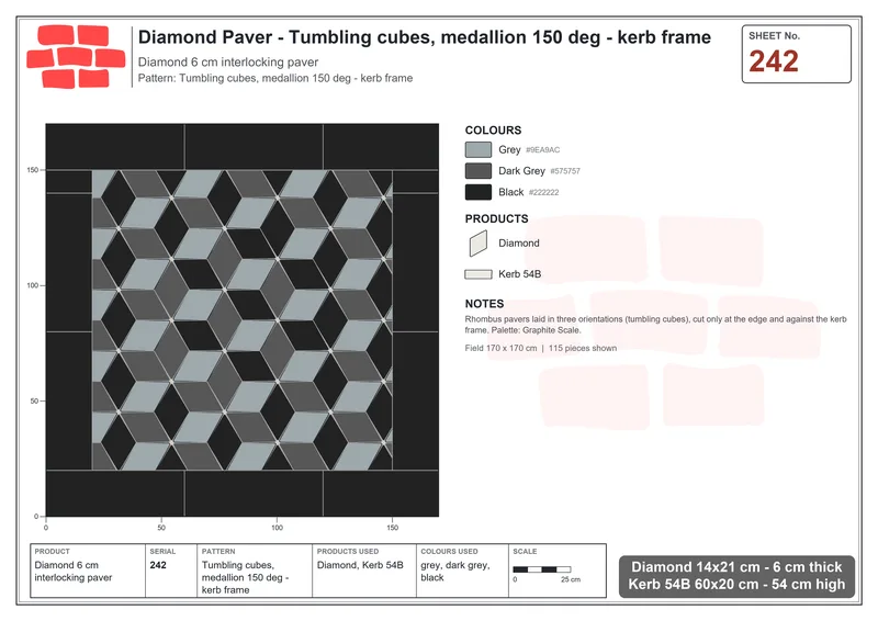 Interlock (Pasco) 14x21 cm · DIA-242 · Tumbling cubes, medallion 150 deg - kerb frame · Laying plan