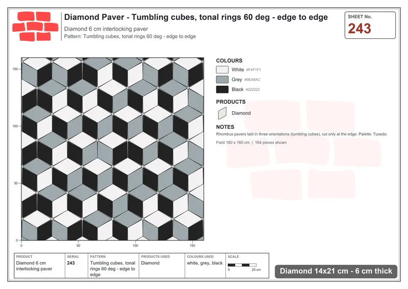 Interlock (Pasco) 14x21 cm · DIA-243 · Tumbling cubes, tonal rings 60 deg - edge to edge · Laying plan