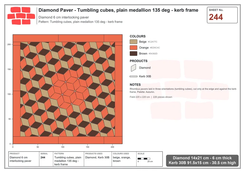 Interlock (Pasco) 14x21 cm · DIA-244 · Tumbling cubes, plain medallion 135 deg - kerb frame · Laying plan