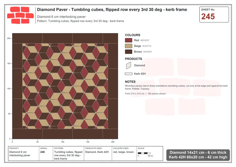 Interlock (Pasco) 14x21 cm · DIA-245 · Tumbling cubes, flipped row every 3rd 30 deg - kerb frame · Laying plan