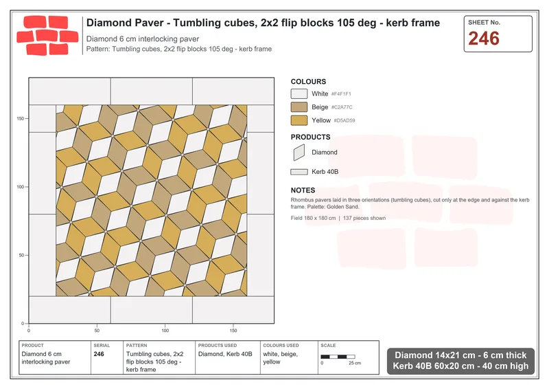 Interlock (Pasco) 14x21 cm · DIA-246 · Tumbling cubes, 2x2 flip blocks 105 deg - kerb frame · Laying plan