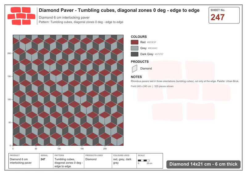 Interlock (Pasco) 14x21 cm · DIA-247 · Tumbling cubes, diagonal zones 0 deg - edge to edge · Laying plan