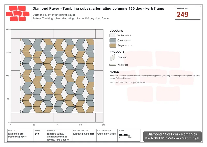 Interlock (Pasco) 14x21 cm · DIA-249 · Tumbling cubes, alternating columns 150 deg - kerb frame · Laying plan