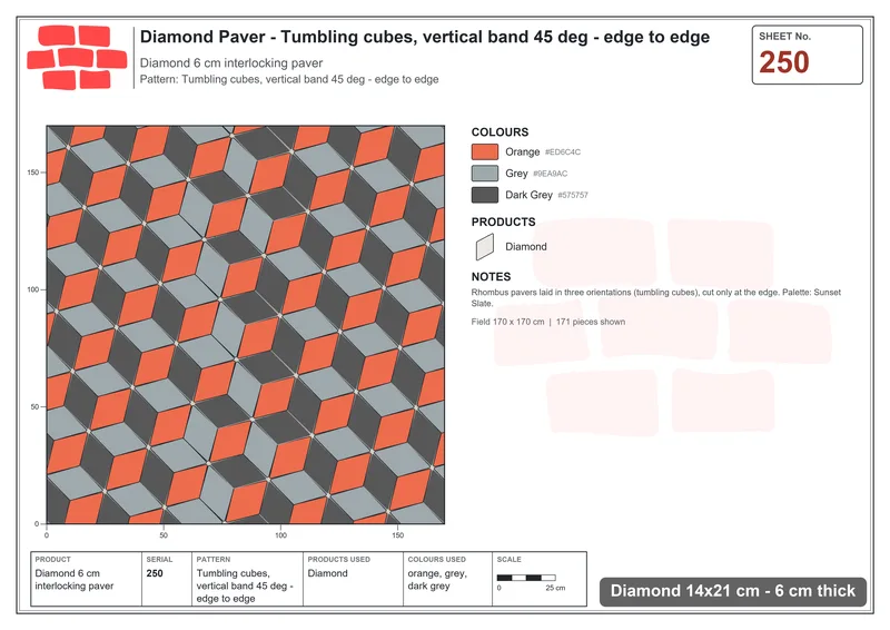 Interlock (Pasco) 14x21 cm · DIA-250 · Tumbling cubes, vertical band 45 deg - edge to edge · Laying plan