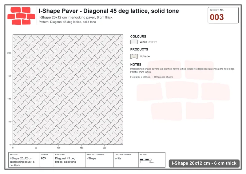 Interlock (Pasco) 20x12 cm · ISH-003 · Diagonal 45 deg lattice, solid tone · Laying plan Interlock (Pasco) 20x12 cm · ISH-003 · Diagonal 45 deg lattice, solid tone · Laying plan