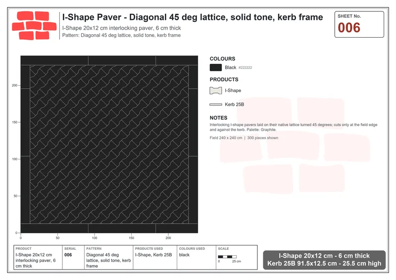 Interlock (Pasco) 20x12 cm · ISH-006 · Diagonal 45 deg lattice, solid tone, kerb frame · Laying plan Interlock (Pasco) 20x12 cm · ISH-006 · Diagonal 45 deg lattice, solid tone, kerb frame · Laying plan
