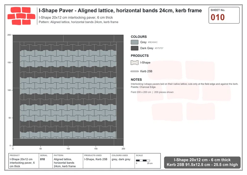 Interlock (Pasco) 20x12 cm · ISH-010 · Aligned lattice, horizontal bands 24cm, kerb frame · Laying plan Interlock (Pasco) 20x12 cm · ISH-010 · Aligned lattice, horizontal bands 24cm, kerb frame · Laying plan