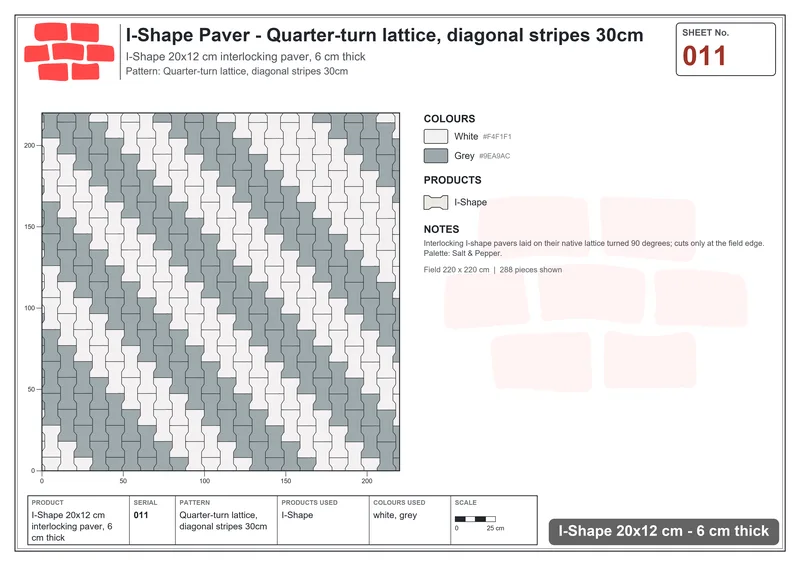 Interlock (Pasco) 20x12 cm · ISH-011 · Quarter-turn lattice, diagonal stripes 30cm · Laying plan Interlock (Pasco) 20x12 cm · ISH-011 · Quarter-turn lattice, diagonal stripes 30cm · Laying plan