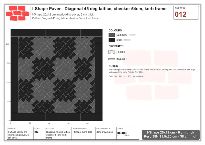 Interlock (Pasco) 20x12 cm · ISH-012 · Diagonal 45 deg lattice, checker 54cm, kerb frame · Laying plan Interlock (Pasco) 20x12 cm · ISH-012 · Diagonal 45 deg lattice, checker 54cm, kerb frame · Laying plan