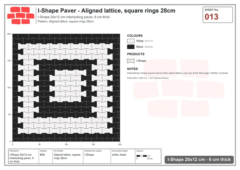 Interlock (Pasco) 20x12 cm · ISH-013 · Aligned lattice, square rings 28cm · Laying plan Interlock (Pasco) 20x12 cm · ISH-013 · Aligned lattice, square rings 28cm · Laying plan