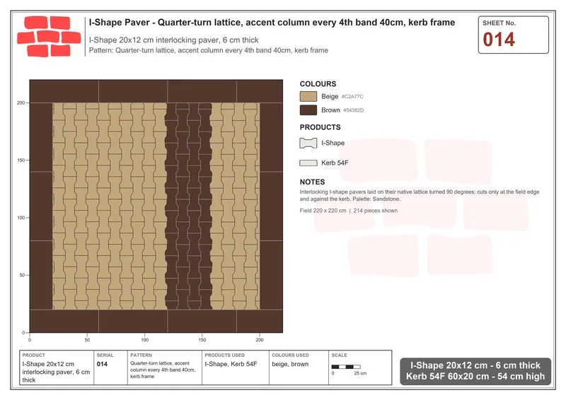 Interlock (Pasco) 20x12 cm · ISH-014 · Quarter-turn lattice, accent column every 4th band 40cm, kerb frame · Laying plan Interlock (Pasco) 20x12 cm · ISH-014 · Quarter-turn lattice, accent column every 4th band 40cm, kerb frame · Laying plan