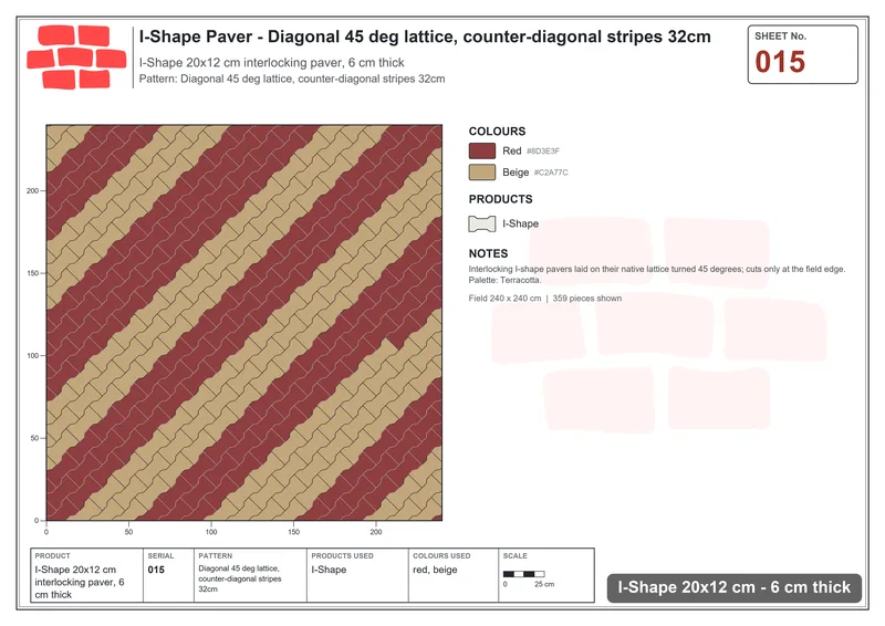 Interlock (Pasco) 20x12 cm · ISH-015 · Diagonal 45 deg lattice, counter-diagonal stripes 32cm · Laying plan Interlock (Pasco) 20x12 cm · ISH-015 · Diagonal 45 deg lattice, counter-diagonal stripes 32cm · Laying plan