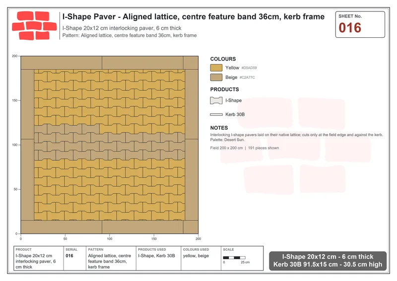 Interlock (Pasco) 20x12 cm · ISH-016 · Aligned lattice, centre feature band 36cm, kerb frame · Laying plan Interlock (Pasco) 20x12 cm · ISH-016 · Aligned lattice, centre feature band 36cm, kerb frame · Laying plan