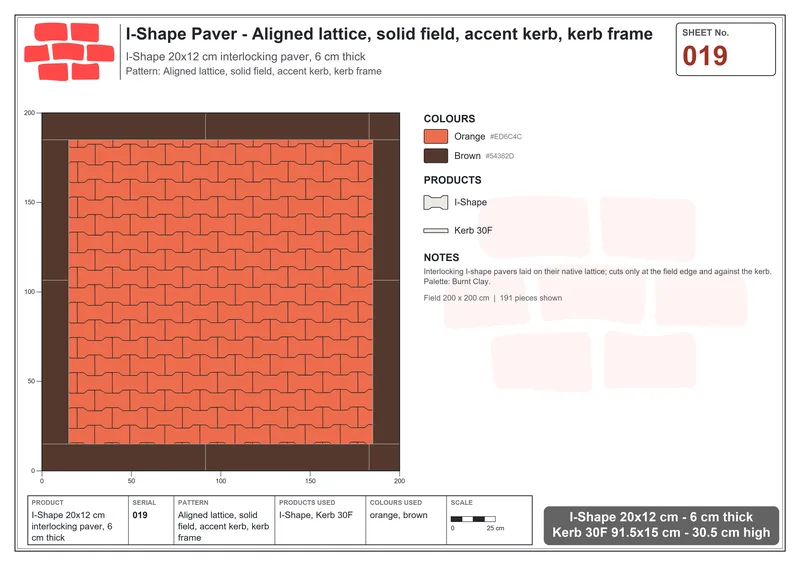 Interlock (Pasco) 20x12 cm · ISH-019 · Aligned lattice, solid field, accent kerb, kerb frame · Laying plan Interlock (Pasco) 20x12 cm · ISH-019 · Aligned lattice, solid field, accent kerb, kerb frame · Laying plan