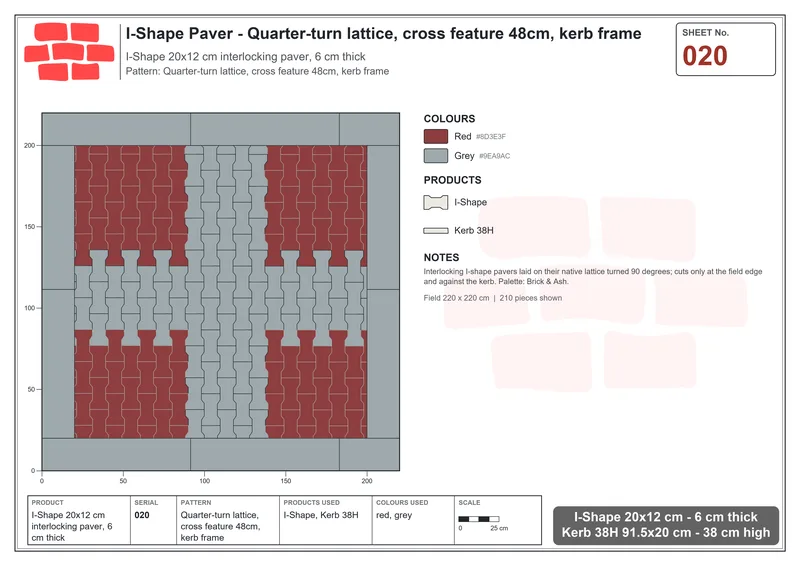 Interlock (Pasco) 20x12 cm · ISH-020 · Quarter-turn lattice, cross feature 48cm, kerb frame · Laying plan Interlock (Pasco) 20x12 cm · ISH-020 · Quarter-turn lattice, cross feature 48cm, kerb frame · Laying plan