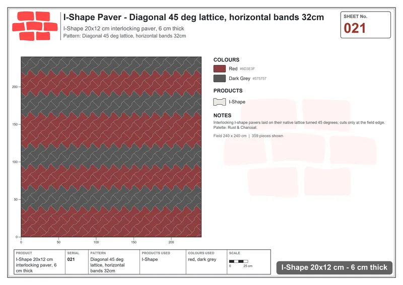 Interlock (Pasco) 20x12 cm · ISH-021 · Diagonal 45 deg lattice, horizontal bands 32cm · Laying plan Interlock (Pasco) 20x12 cm · ISH-021 · Diagonal 45 deg lattice, horizontal bands 32cm · Laying plan