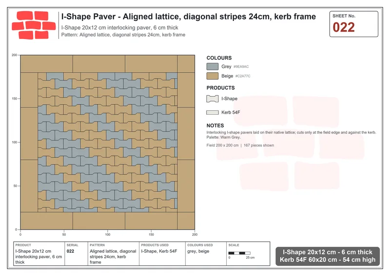 Interlock (Pasco) 20x12 cm · ISH-022 · Aligned lattice, diagonal stripes 24cm, kerb frame · Laying plan Interlock (Pasco) 20x12 cm · ISH-022 · Aligned lattice, diagonal stripes 24cm, kerb frame · Laying plan
