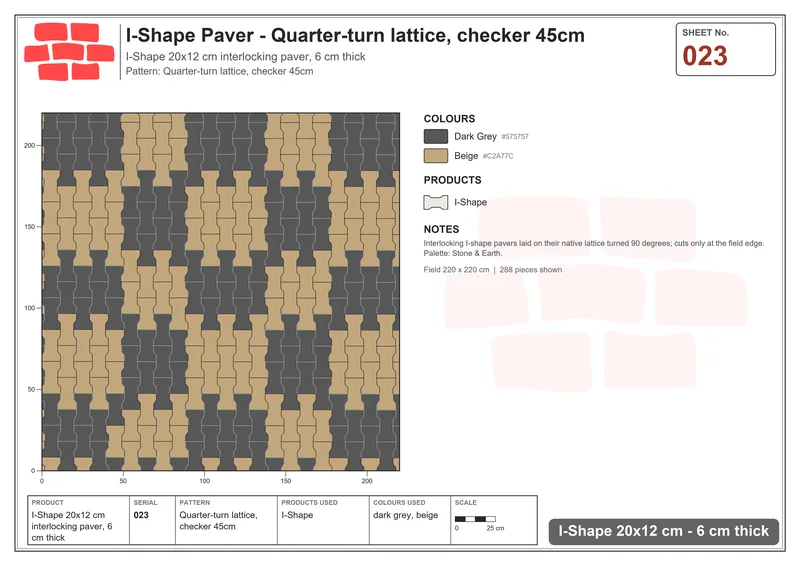 Interlock (Pasco) 20x12 cm · ISH-023 · Quarter-turn lattice, checker 45cm · Laying plan Interlock (Pasco) 20x12 cm · ISH-023 · Quarter-turn lattice, checker 45cm · Laying plan
