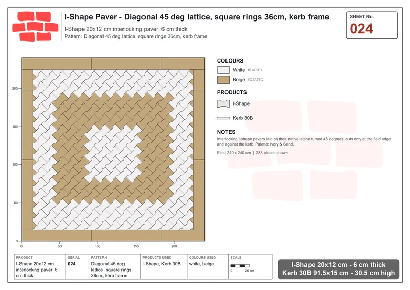 Interlock (Pasco) 20x12 cm · ISH-024 · Diagonal 45 deg lattice, square rings 36cm, kerb frame · Laying plan Interlock (Pasco) 20x12 cm · ISH-024 · Diagonal 45 deg lattice, square rings 36cm, kerb frame · Laying plan