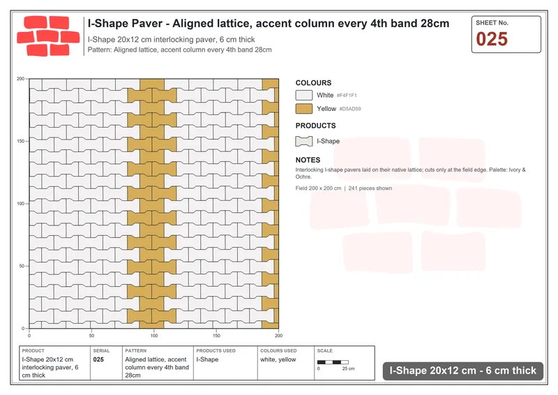 Interlock (Pasco) 20x12 cm · ISH-025 · Aligned lattice, accent column every 4th band 28cm · Laying plan Interlock (Pasco) 20x12 cm · ISH-025 · Aligned lattice, accent column every 4th band 28cm · Laying plan